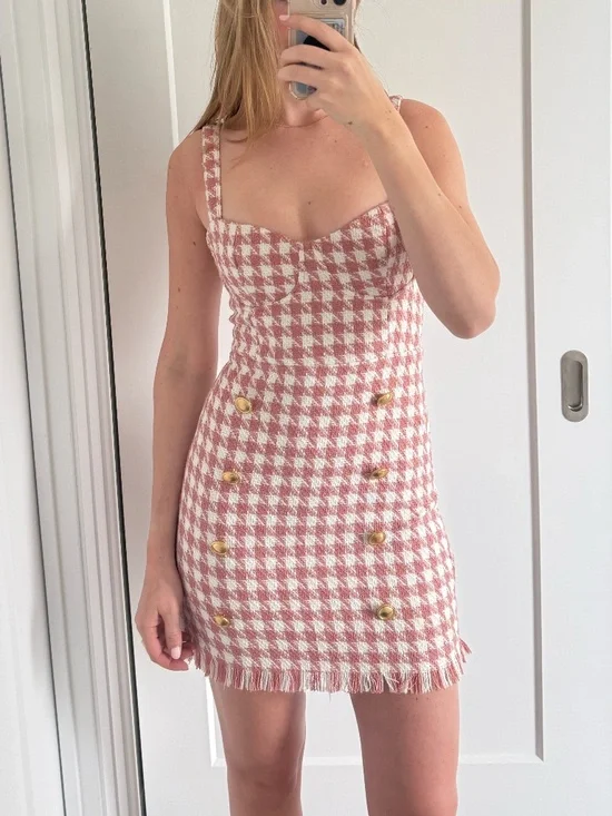 Pink Tweed Mini Dress Women’s Size S Gold Button Houndstooth (black/white avail) - Picture 2 of 13
